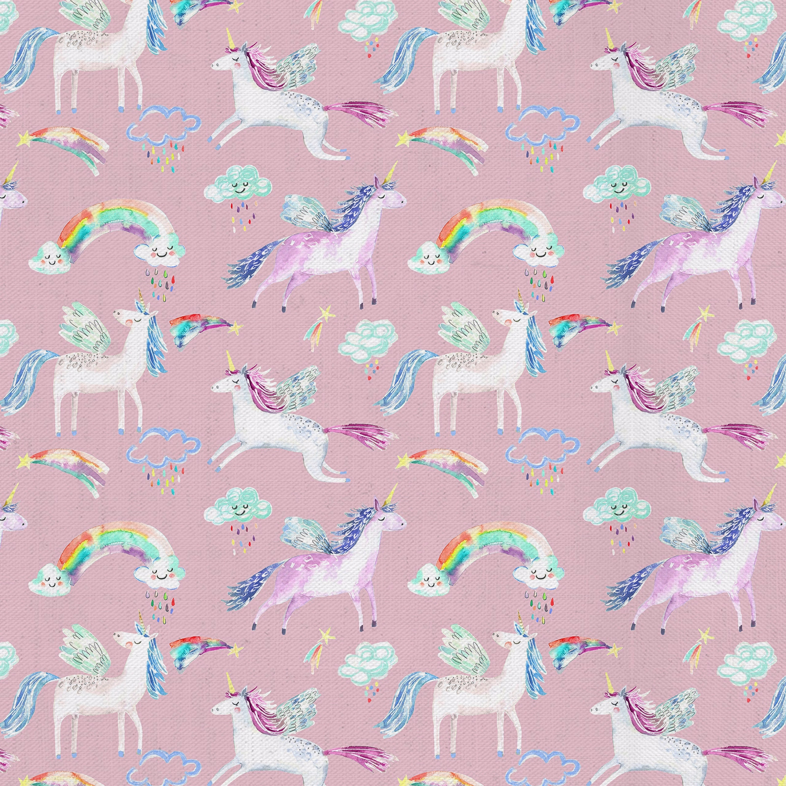 Pink unicorn print fabric with rainbows, clouds and pastel details