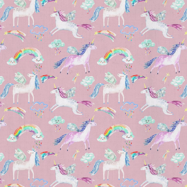 Pink unicorn print fabric with rainbows, clouds and pastel details