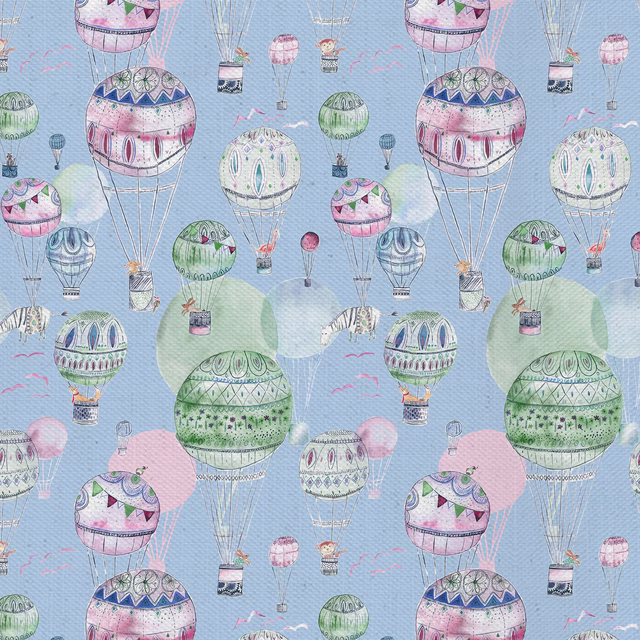 Sky-blue fabric swatch with pastel hot-air balloons and soft woven texture