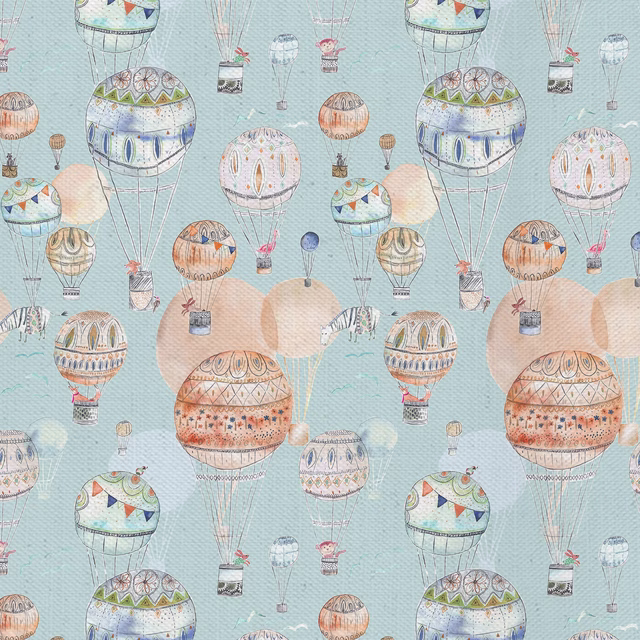 Pale blue fabric with illustrated hot air balloons in soft orange and pastel tones