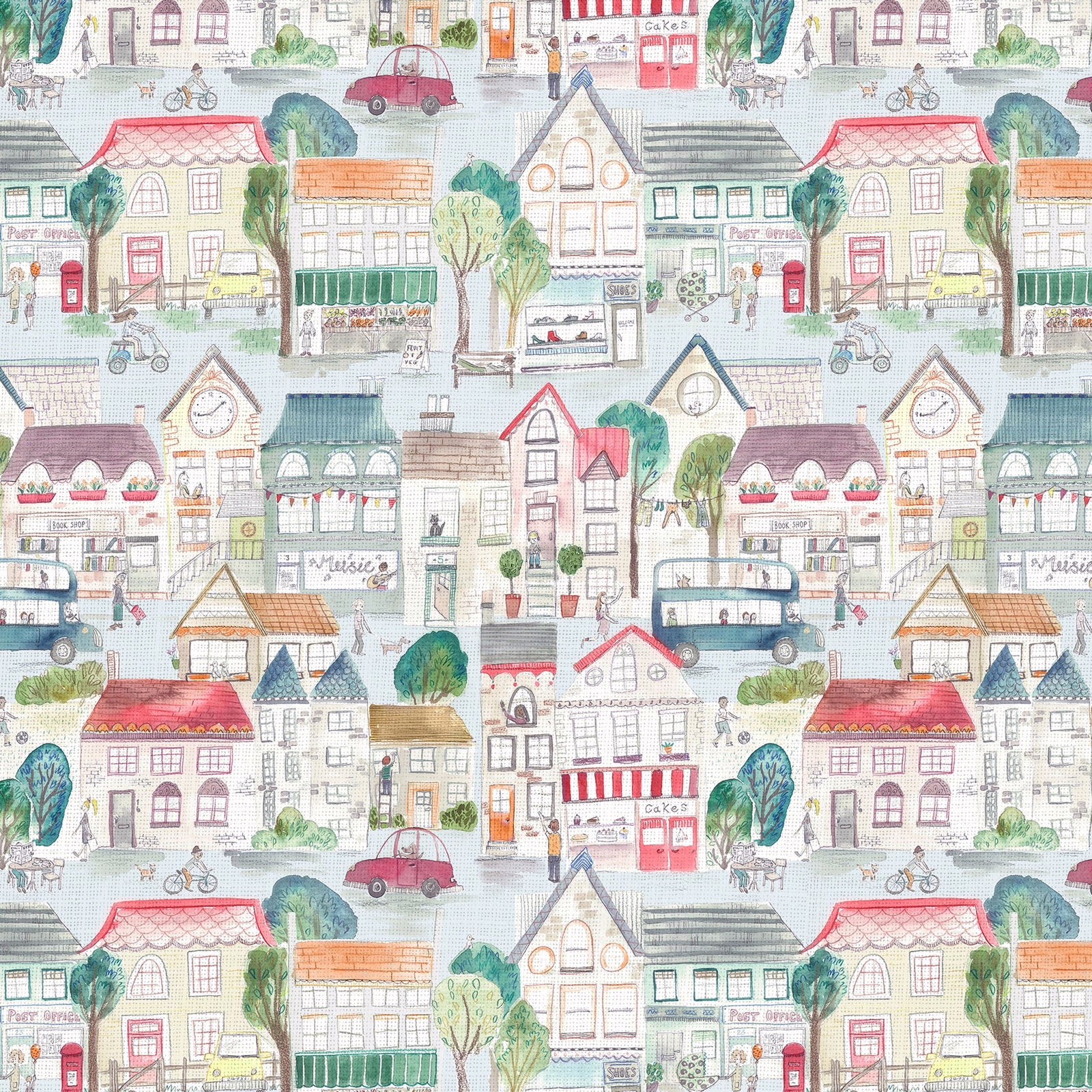 Pastel illustrated village street fabric with houses, trees, cars and cyclists