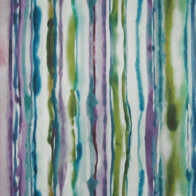 Painterly vertical stripe fabric in lilac purple, teal, lime green and white
