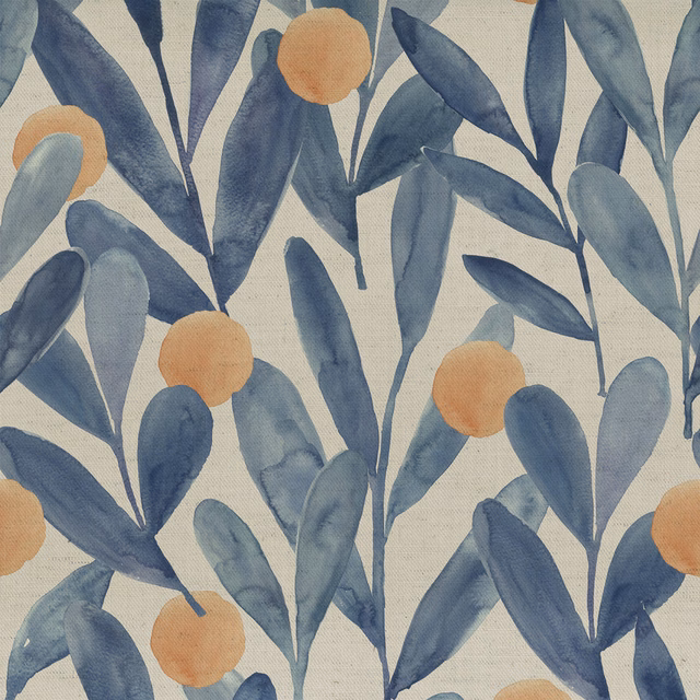 Painterly blue leaf and apricot fruit botanical fabric on a pale ground