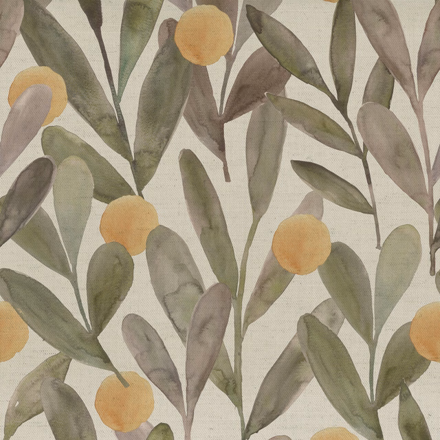Painterly olive leaf and ochre fruit botanical fabric on a pale ground
