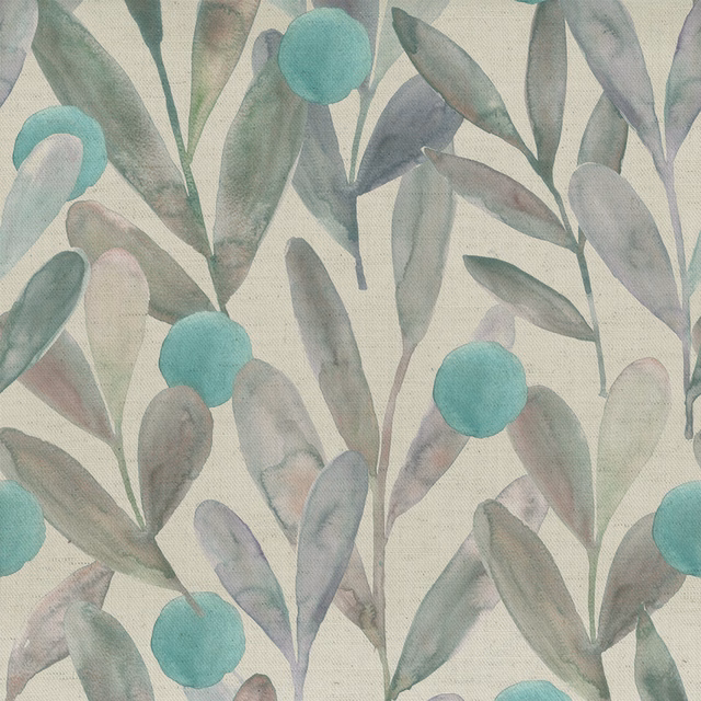 Botanical leaf-print fabric in soft grey with teal circular accents on a cream ground