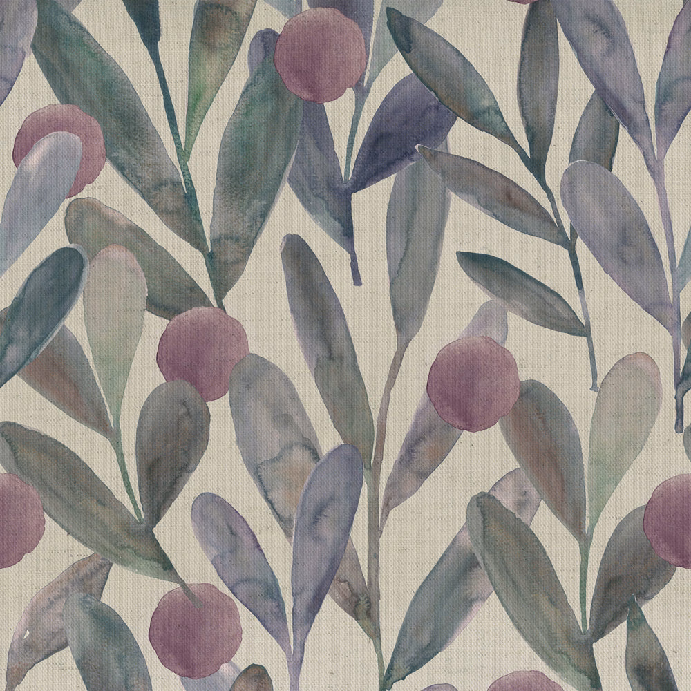 Painterly leaf-print fabric in mauve, lilac and sage on a cream ground