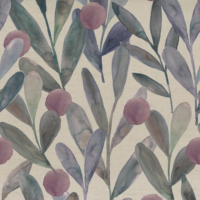 Painterly leaf-print fabric in mauve, lilac and sage on a cream ground