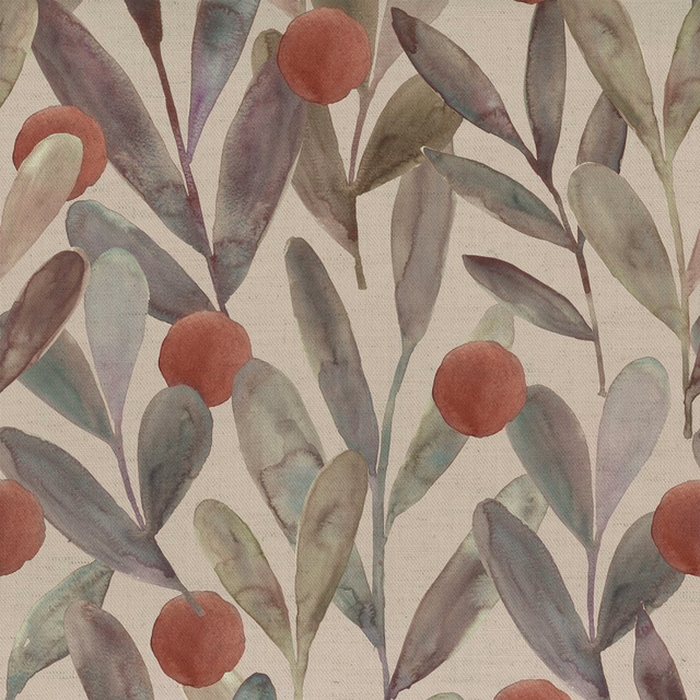 Painterly botanical fabric with muted red circles and soft sage leaf motifs on a natural ground