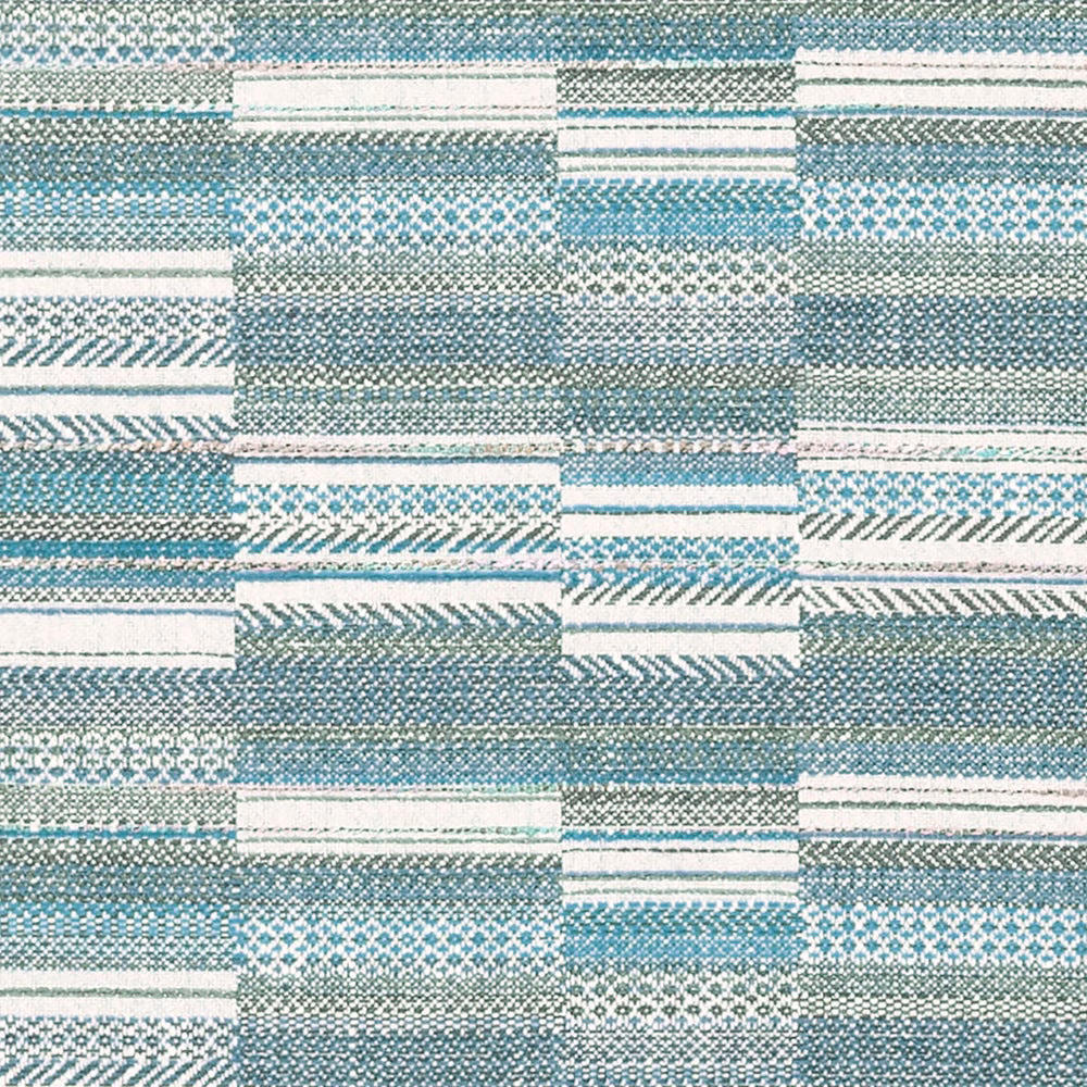 Aqua blue woven patchwork fabric with stripes, checks and geometric blocks