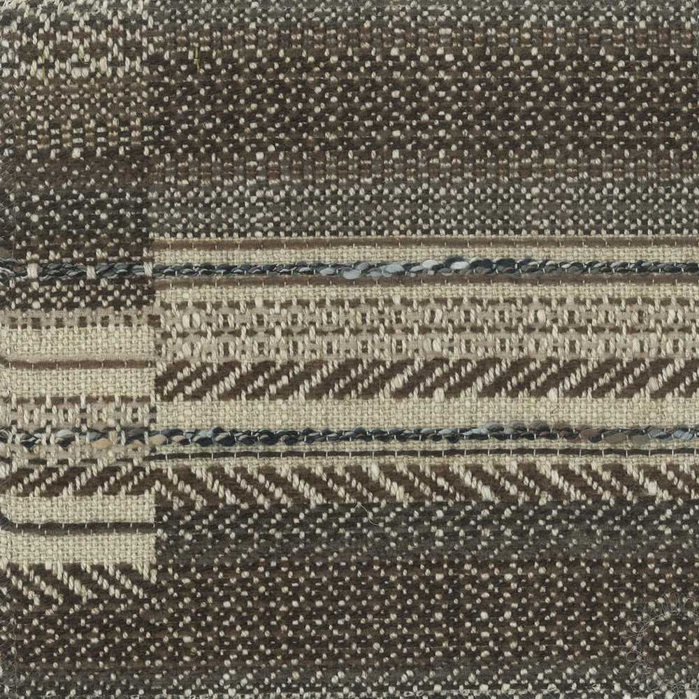 Textured cream and taupe woven stripe fabric swatch with dark brown bands