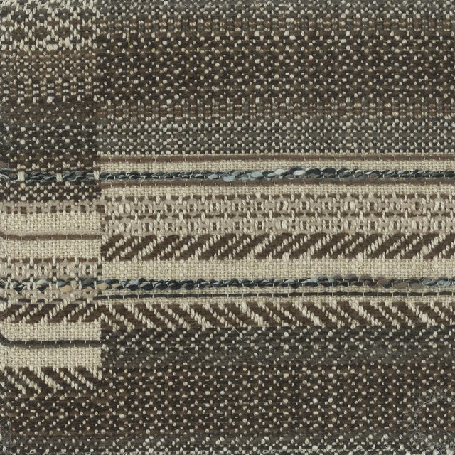 Textured cream and taupe woven stripe fabric swatch with dark brown bands