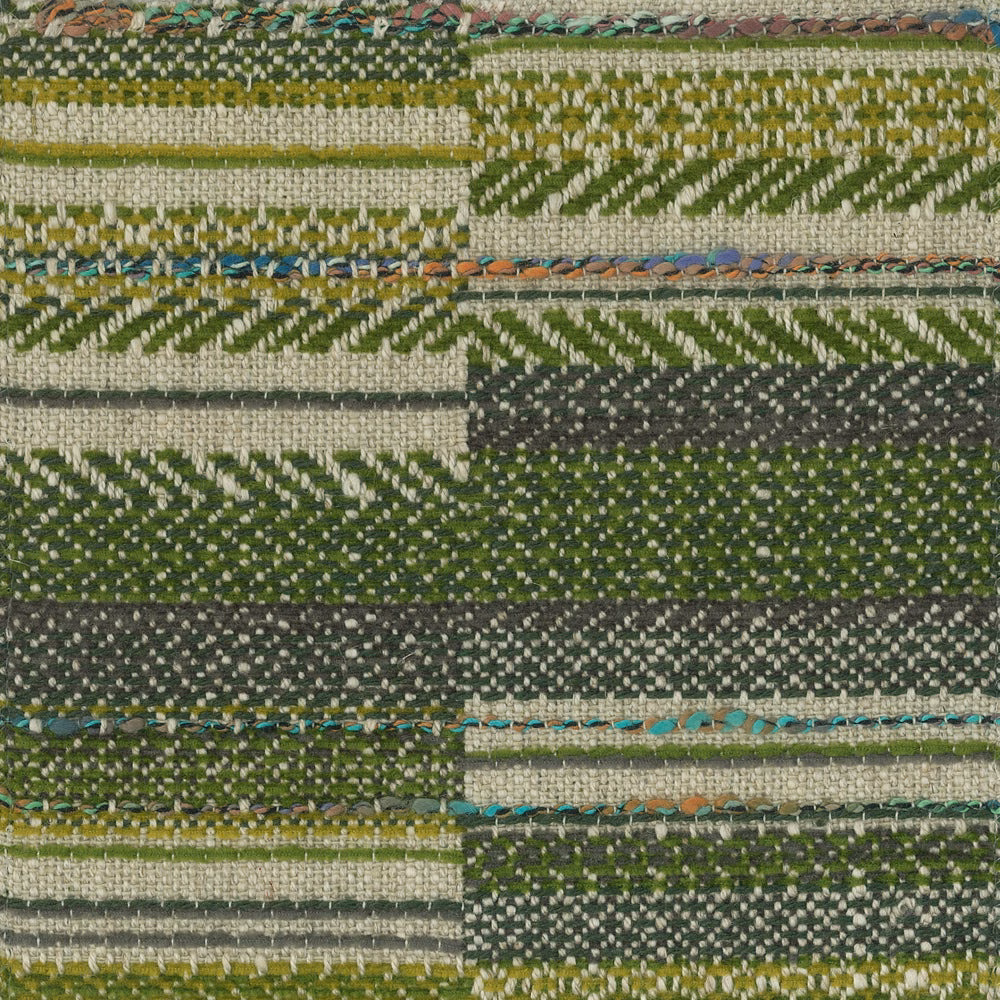 Textured woven fabric swatch with striped olive and moss green pattern