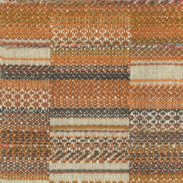 Woven abstract stripe fabric in burnt orange, cream, olive and charcoal