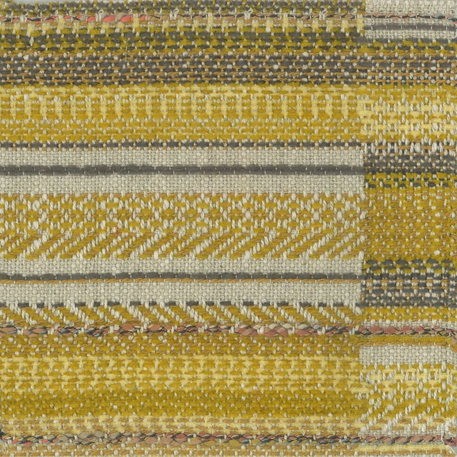 Close-up of a mustard yellow woven stripe fabric with cream, grey and pink threads