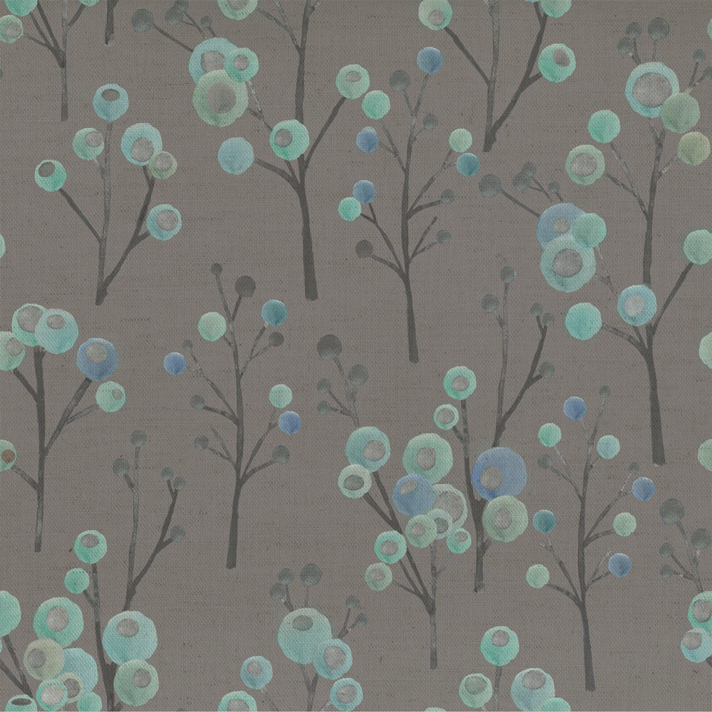 Grey linen-look fabric with blue, mint and aqua circular blossom motif