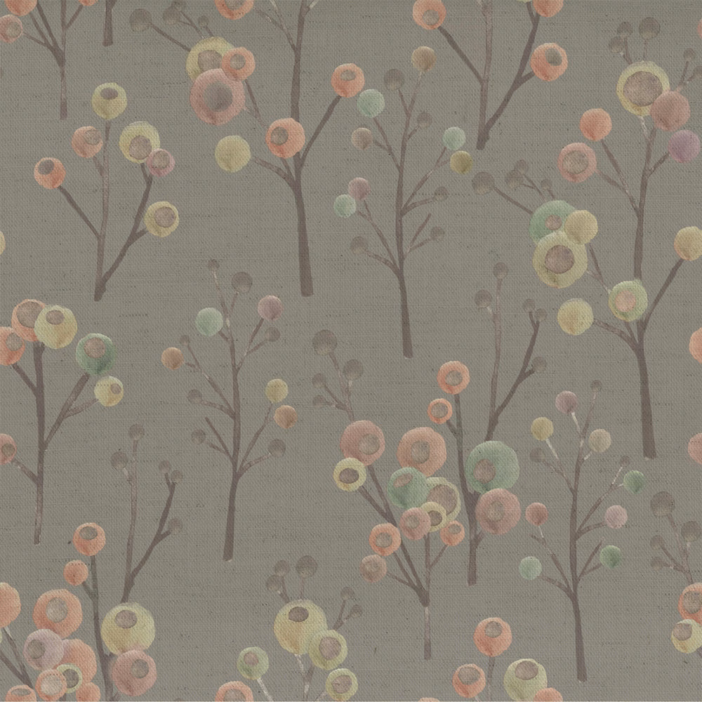 Muted blossom tree motif on soft cream-beige woven fabric with pastel pink, green and yellow circles