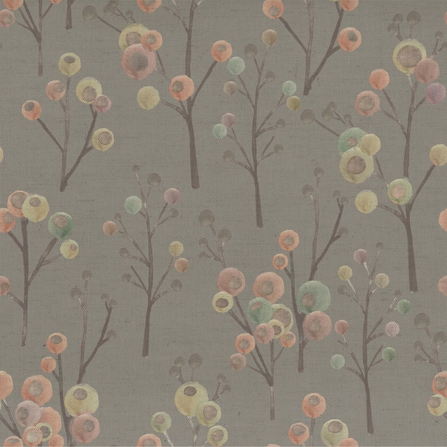 Muted blossom tree motif on soft cream-beige woven fabric with pastel pink, green and yellow circles