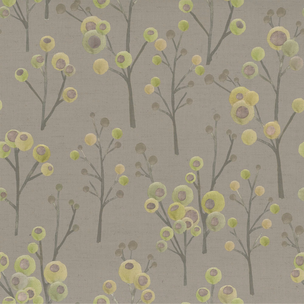 Pale green botanical fabric with scattered tree motifs and lime circular blossoms