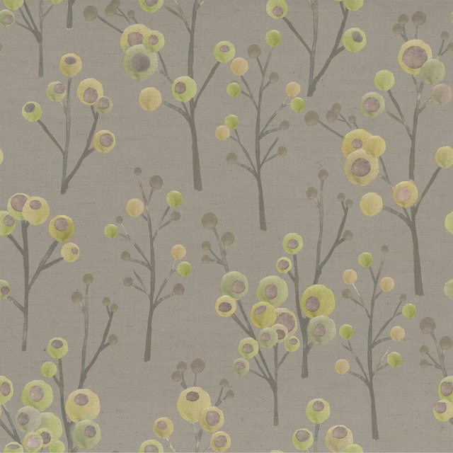 Pale green botanical fabric with scattered tree motifs and lime circular blossoms