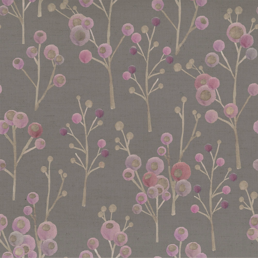 Soft lilac-grey floral fabric with scattered pink and cream blossom stems