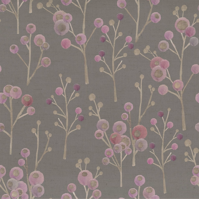 Soft lilac-grey floral fabric with scattered pink and cream blossom stems