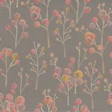 Grey fabric swatch with scattered blossom tree motif in pink, coral and yellow