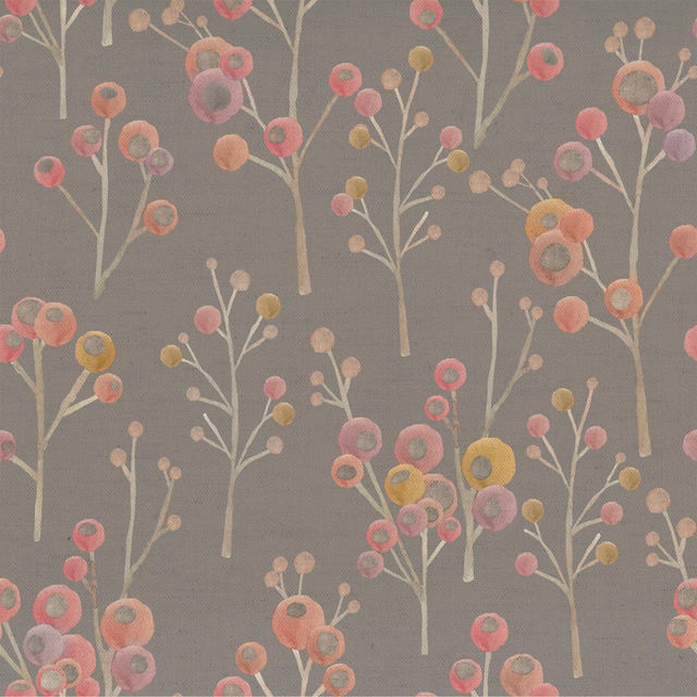 Grey fabric swatch with scattered blossom tree motif in pink, coral and yellow