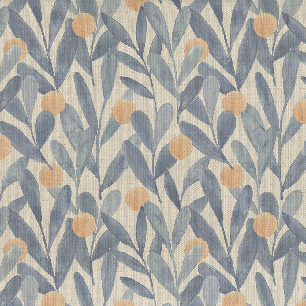 Blue botanical print with peach dots on pale textured fabric