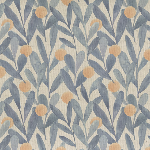Blue botanical print with peach dots on pale textured fabric