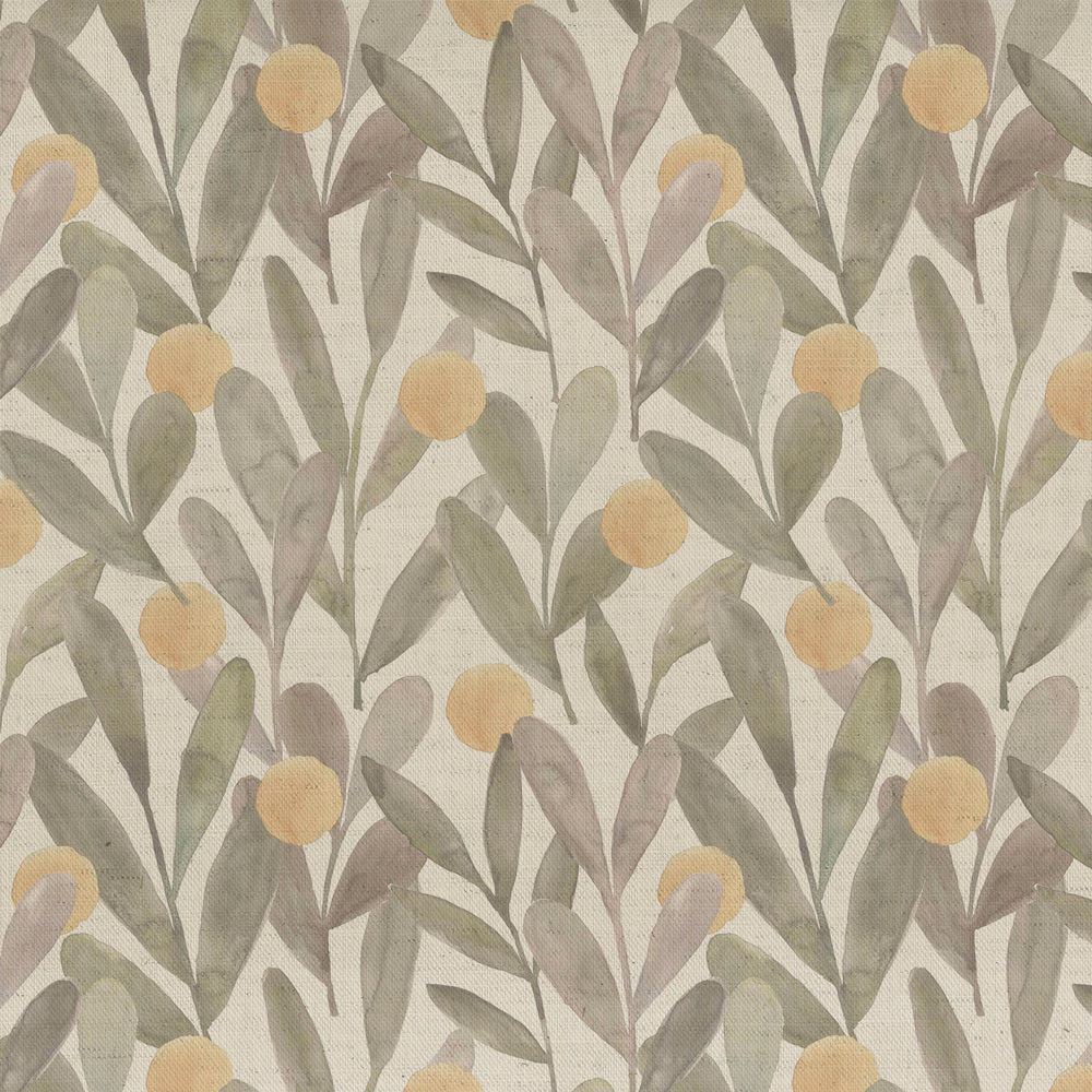 Muted sage botanical fabric with olive leaves and soft yellow berries on a pale ground