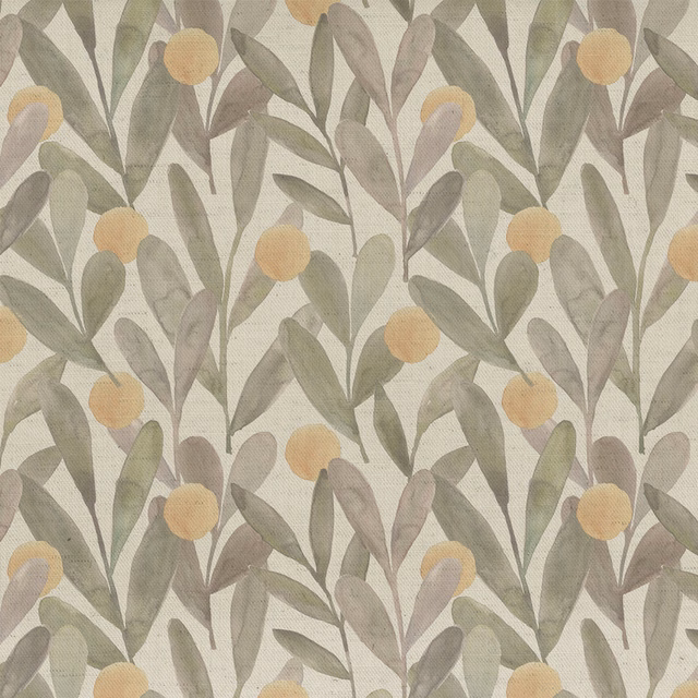Muted sage botanical fabric with olive leaves and soft yellow berries on a pale ground