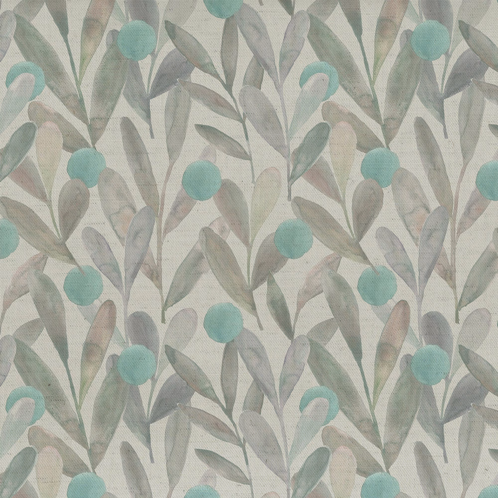 Botanical fabric swatch in soft grey with aqua berry accents and muted leaf motif