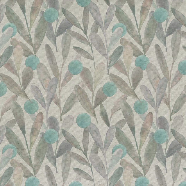 Botanical fabric swatch in soft grey with aqua berry accents and muted leaf motif