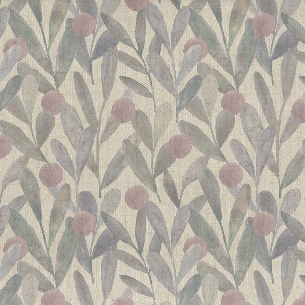 Painterly botanical fabric with dusty lilac berries and grey-green leaves on ivory ground