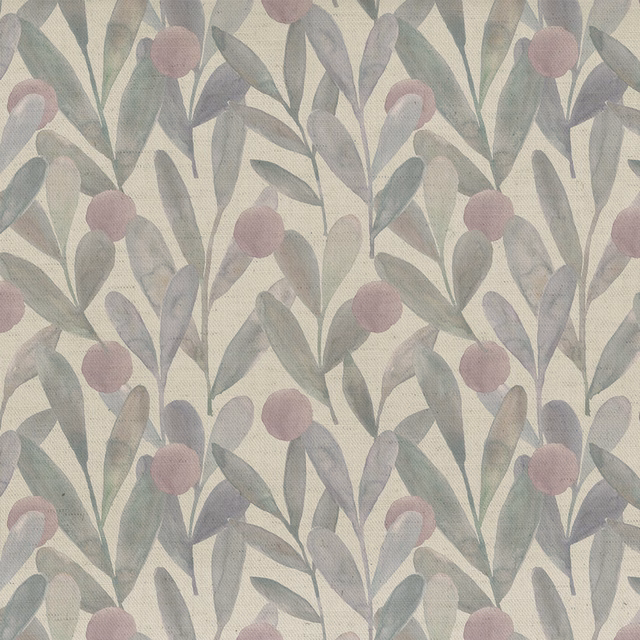 Painterly botanical fabric with dusty lilac berries and grey-green leaves on ivory ground