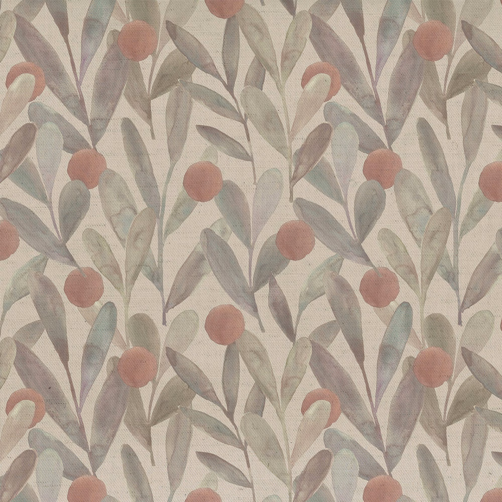 Muted red berry and sage leaf botanical fabric on a cream ground