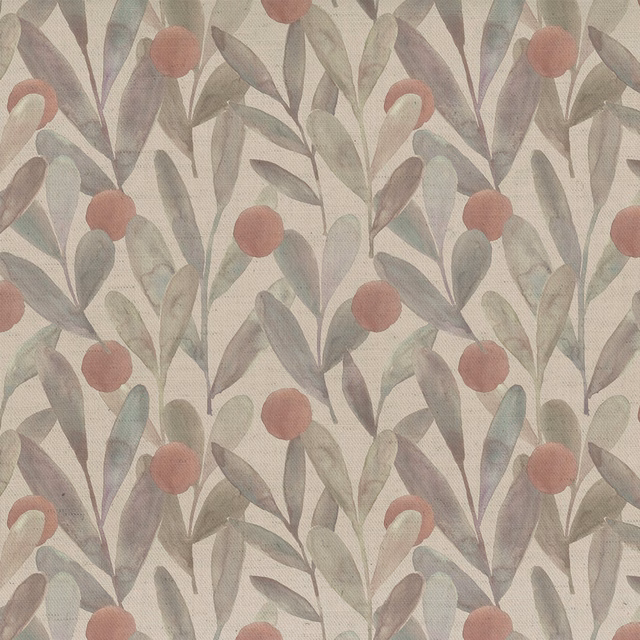 Muted red berry and sage leaf botanical fabric on a cream ground