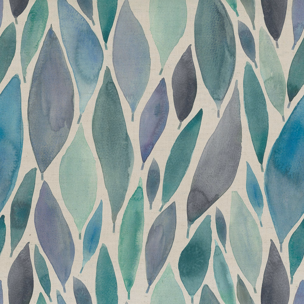 Painterly blue, teal and sage leaf print on a pale ground