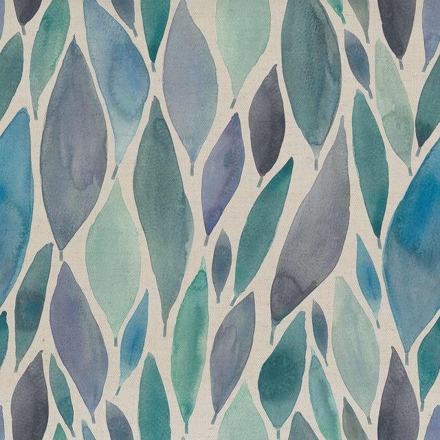 Painterly blue, teal and sage leaf print on a pale ground