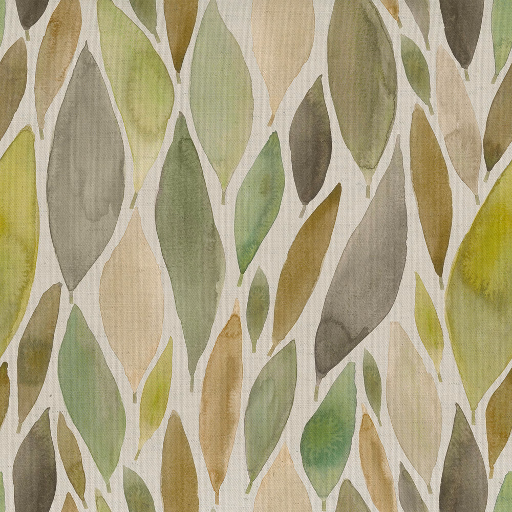 Painterly leaf motif fabric in sage, olive and stone green on an ivory ground