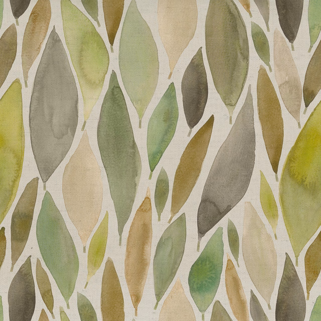 Painterly leaf motif fabric in sage, olive and stone green on an ivory ground