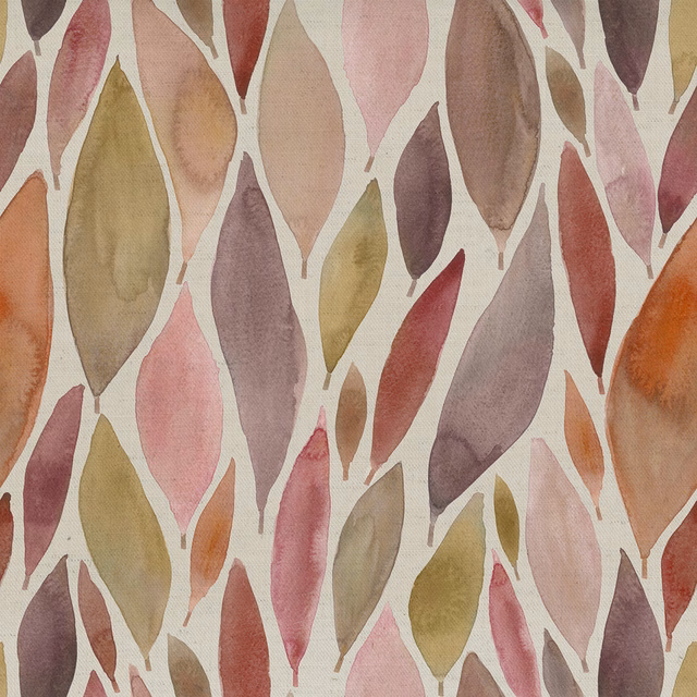 Watercolour leaf print in soft pink, mauve and olive tones on ivory fabric