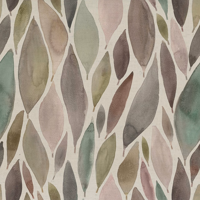 Watercolour leaf print fabric in muted plum, sage and taupe on a cream ground