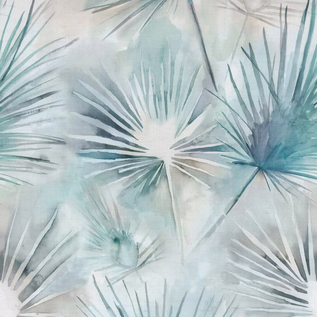 Pale aqua and blue palm-leaf print on a soft textured fabric ground