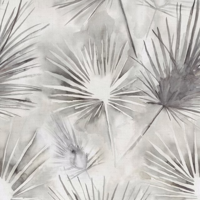 Pale grey fabric with large palm-like leaf motif and painterly shading