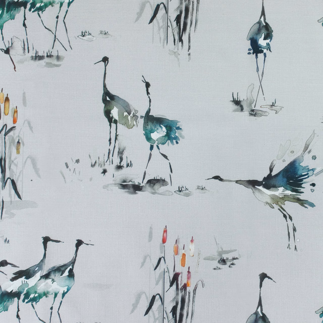 Pale fabric with painterly cranes in teal blue, grey and black