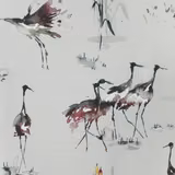 Painterly crane fabric with plum, berry and charcoal birds on a pale ground