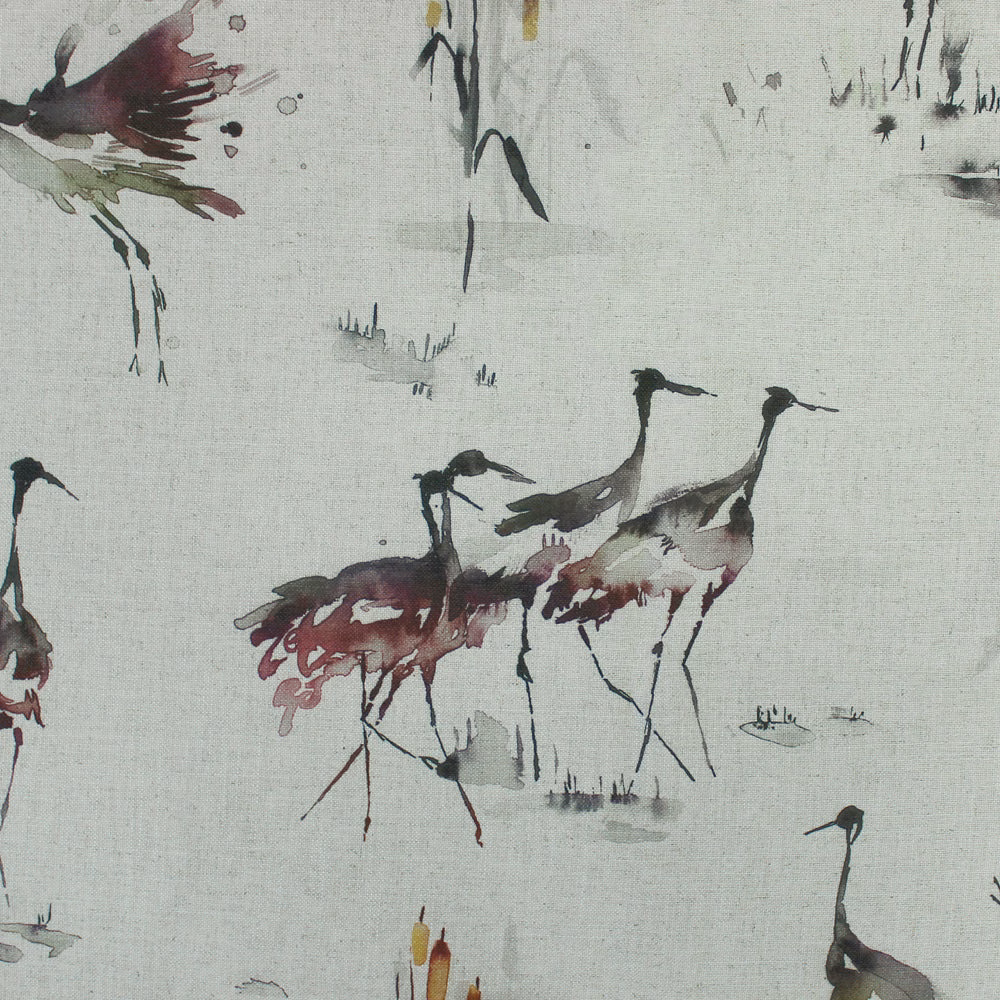 Painterly cranes in burgundy and charcoal on a pale linen-look fabric