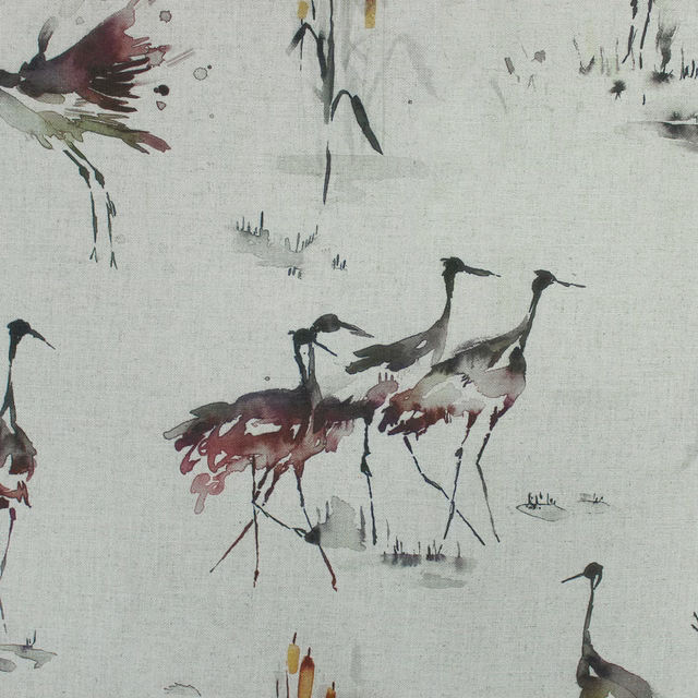 Painterly cranes in burgundy and charcoal on a pale linen-look fabric