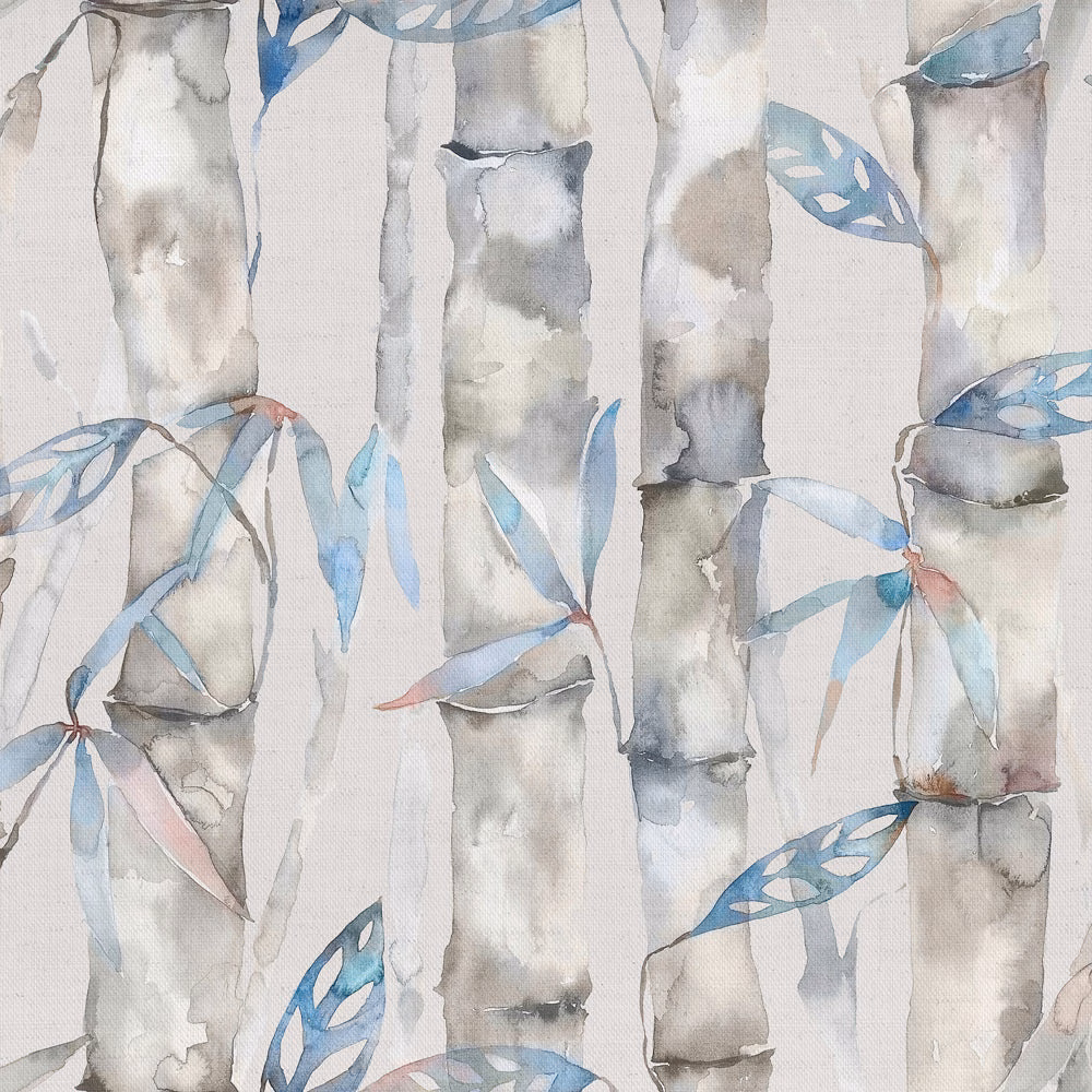 Watercolour bamboo and leaf print in soft blue and grey on a pale ground
